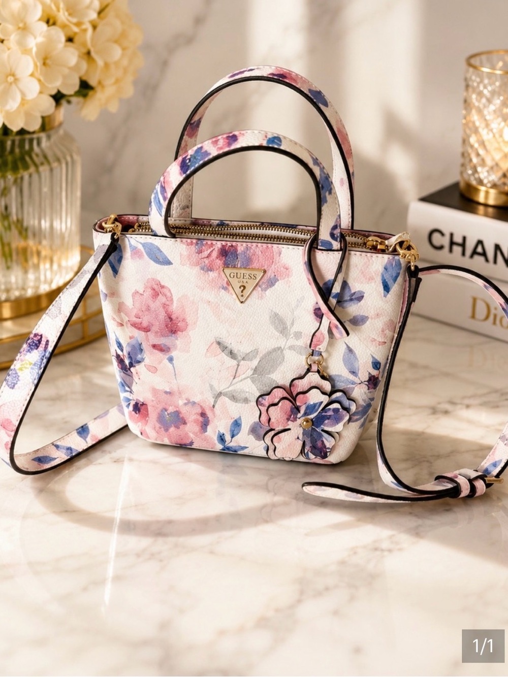 NEW GUESS Lucci Mini Tote Bag Pink & Blue Floral Crossbody Satchel